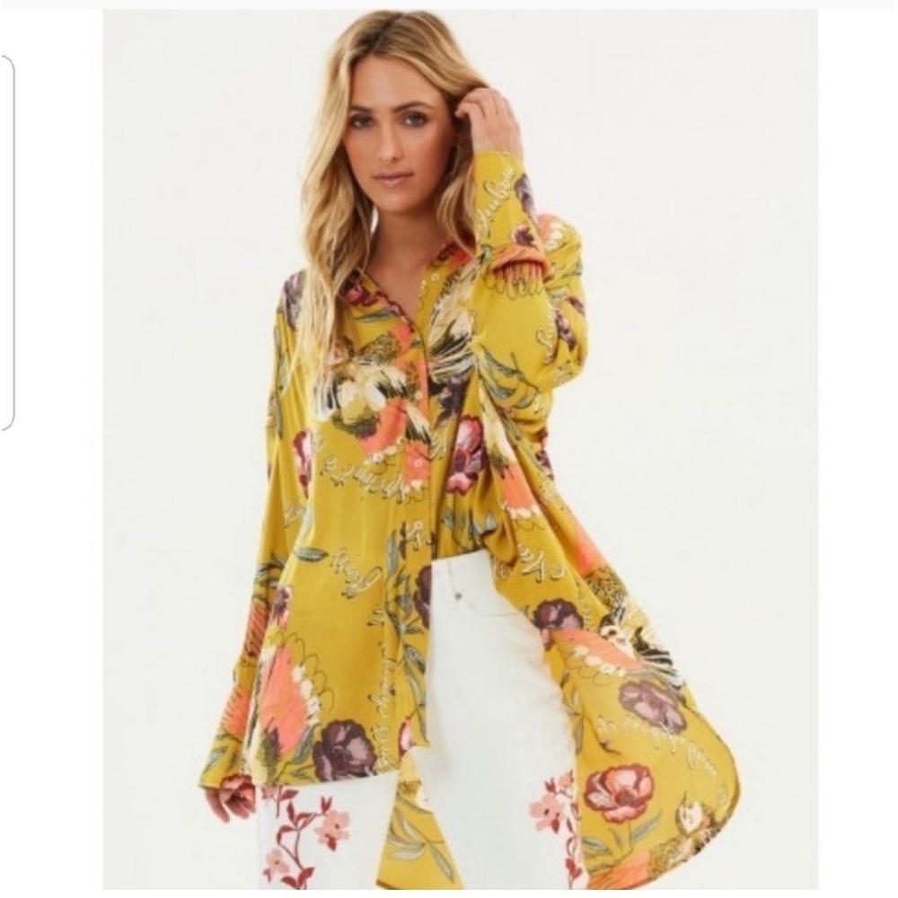 Free People Silky Nights Hi Low Blouse Mustard Yellow Floral Bird Print M